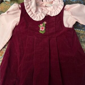 Pink and Red Corduroy Dress with Floral Embroidery. Vintage would guess 70s